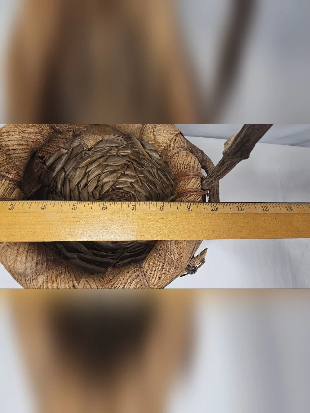 Vintage Rustic Folk Art Basket Natural Coconut Palm Spathe Fiber Grapevine Vine